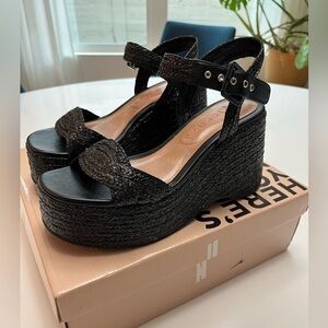 NIB Anthropologie Vicenza Raffia Platform Heels in Black Sz  7